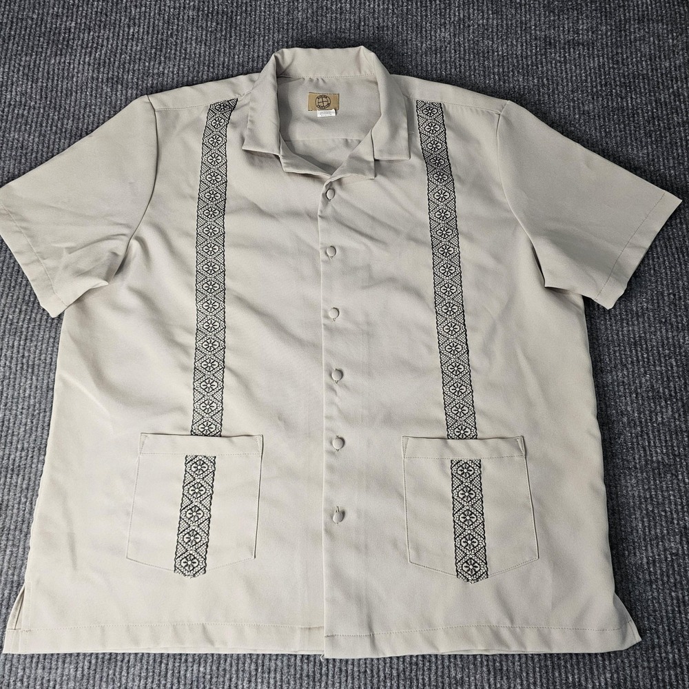 Haband Travelers Shirt Mens Large Beige Guayabera Embroidered Short Sleeve